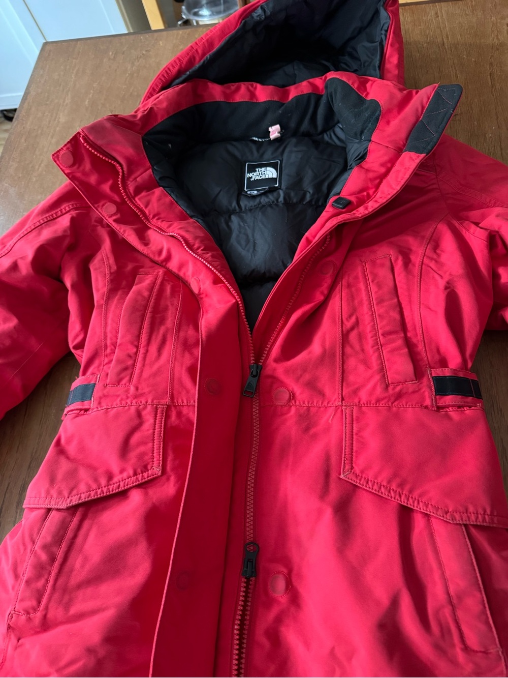 North Face Red Goose Down Winter Parka Hooded Multi-Pocket Small